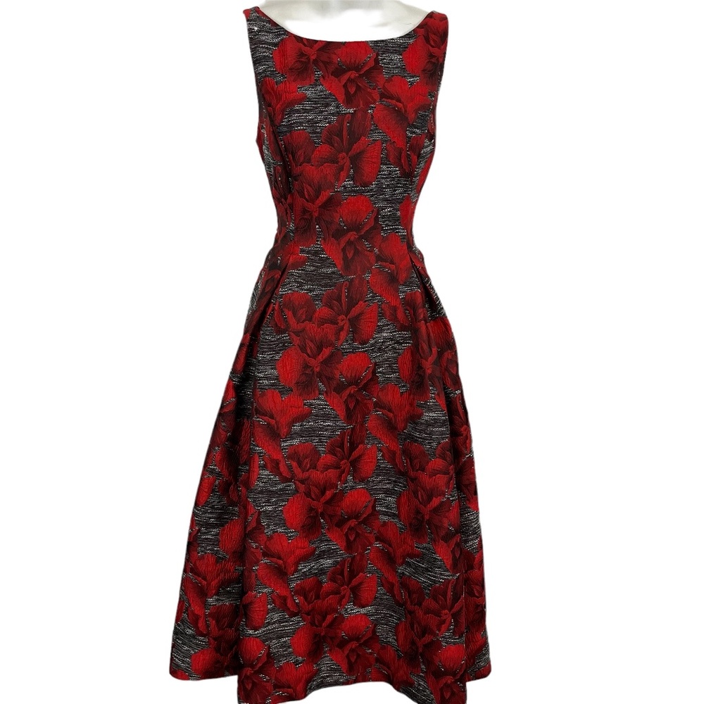 ADRIANNA PAPELL Red Gray Floral Box Pleat Sleeveless V-Back Midi Formal Dress 10